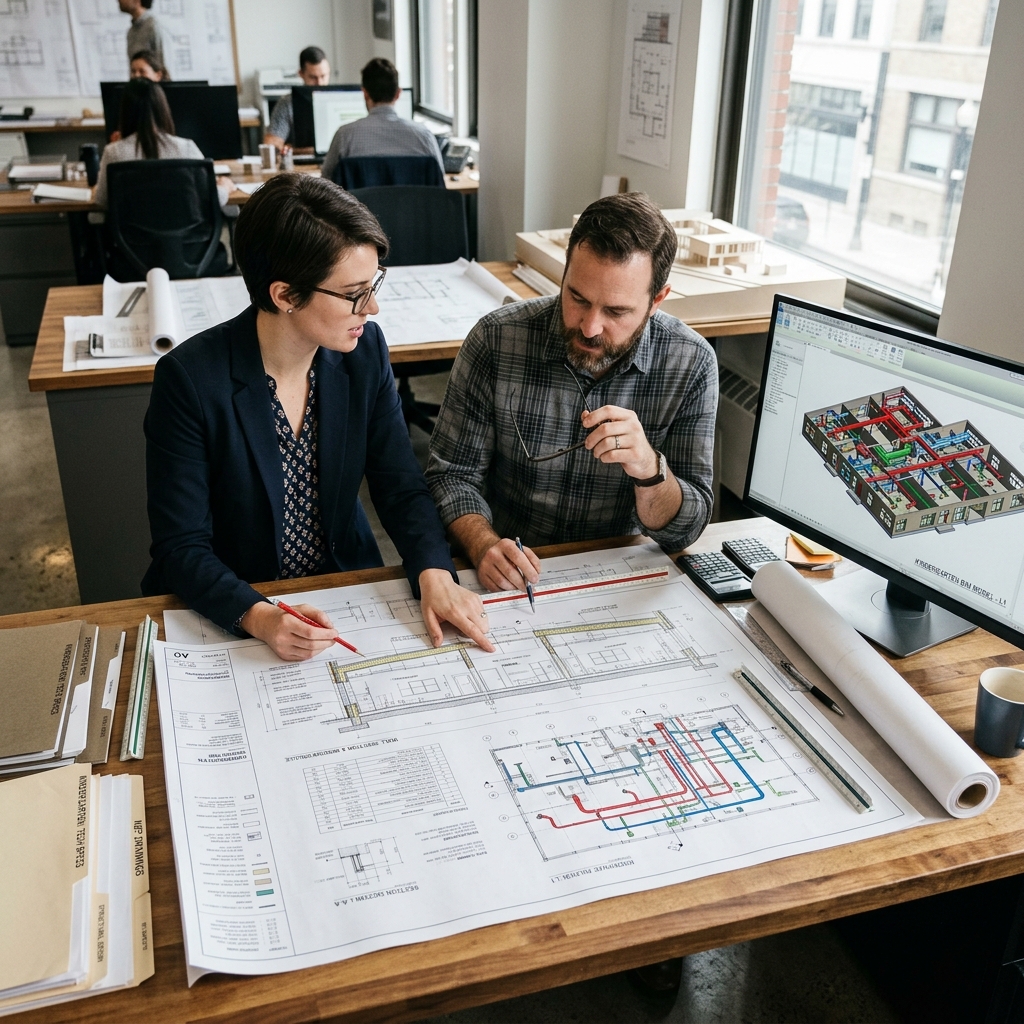 Werkplanung — Architektin und Ingenieur an Detailplänen mit BIM-Modell
