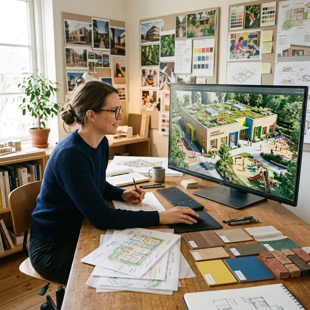 Architektin am Bildschirm mit 3D-Rendering der Kindertagesstätte